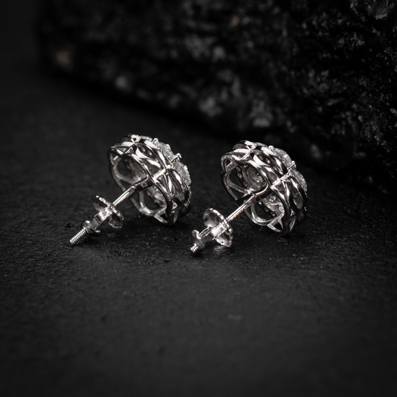 Men's Large 925 Sterling Silver Flower Cluster Hip Hop Screw Back Stud Earrings - Picture 2 of 5